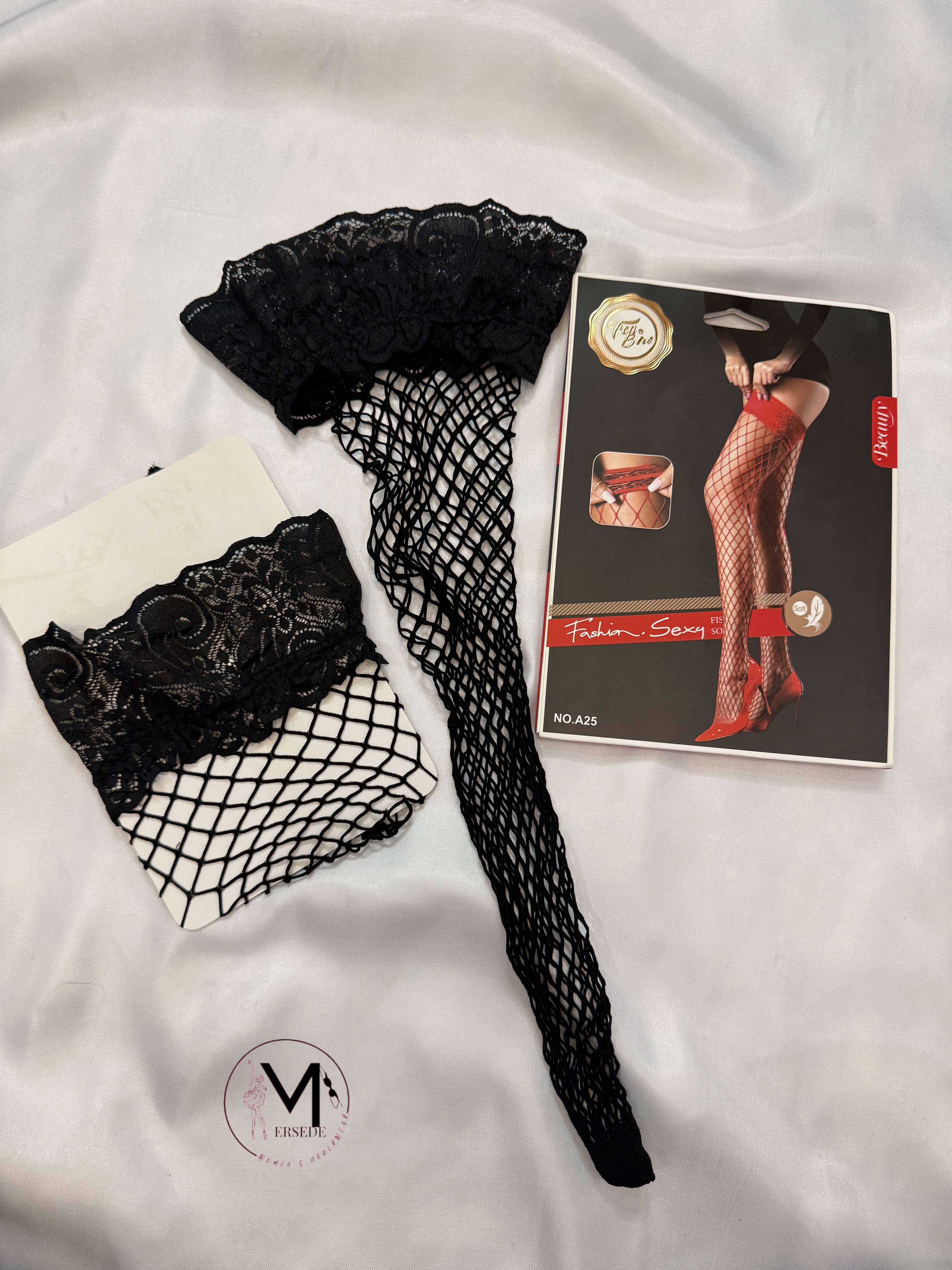 جوراب فیش‌نت بالا زانو با باند گيپور مشکی لب ژله اي Fashion Sexy | مدل NO.A25
