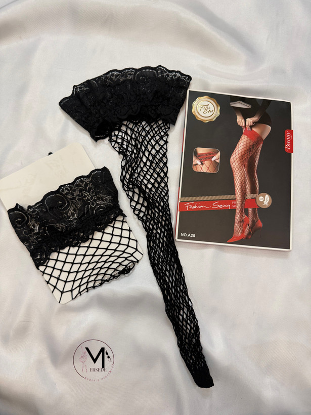 جوراب فیشنت بالا زانو با باند گيپور مشکی لب ژله اي Fashion Sexy | مدل NO.A25